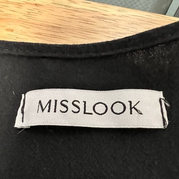 Misslook Womens Shift Dress Solid Black V Neck Long Sleeve Rounded Hemline L - Picture 11 of 11